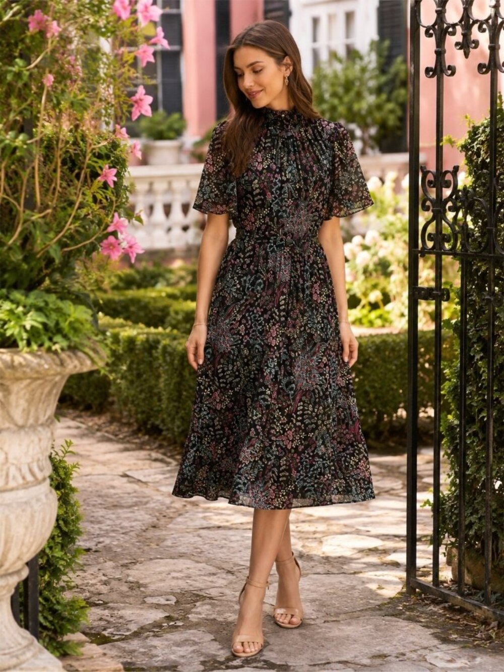 Julia Jordan Chiffon Wine Floral Cottagecore Midi Dress 8 NEW